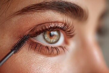 Obraz premium Applying mascara to long eyelashes, close-up of a beautiful hazel eye.