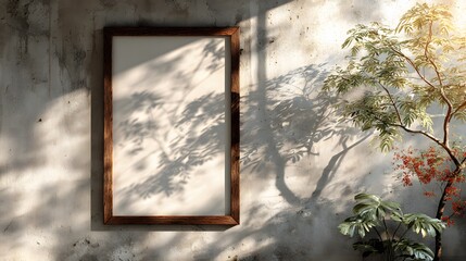 Blank horizontal picture frame with a dark wood border hangs on a textured concrete wall, with delicate leaf shadows cast from a nearby window.