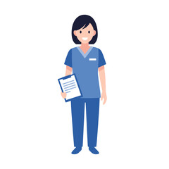 A medical professional in blue scrubs holding a clipboard, with a smile on her face