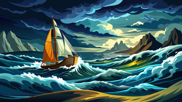 Very beautiful panorama, sailboat on stormy ocean, dark sky and rough sea, panoramic view captures dramatic waves crashing, thunder echoing above, distant lightning flickering, and the vessel&rsquo;s braver