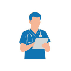 Fototapeta premium A healthcare professional dressed in blue scrubs, holding a tablet, and wearing a stethoscope