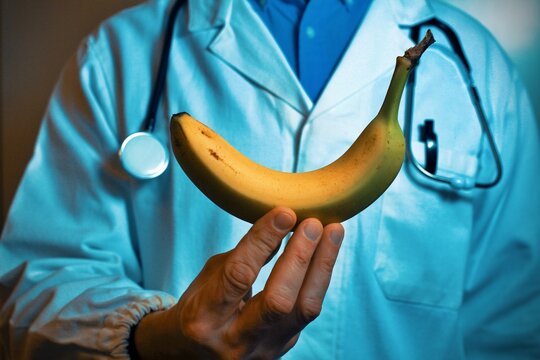 Doctor showing a Banana, concept of healthy food.
