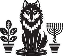Sitting Wolf Illustration with Menorah and Decorative Potted Plants in Monochrome Design