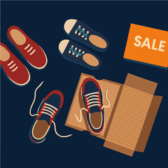 Discount on sneakers. Selling sneakers. Sneakers. Sneakers top view. Fashion sneakers. Fashion sneakers red, black, blue colors. Flat style. Flat design. Vector illustration