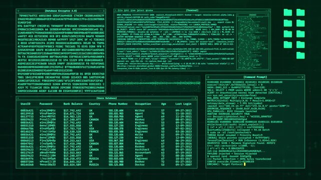 Database Encryption Hacking Console &ndash; Cyber Security User Data Breach Digital Background Animation