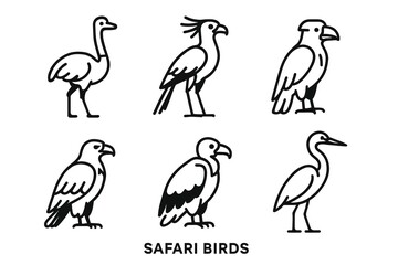 Iconic safari birds collection: ostrich, secretary, vulture, heron line art