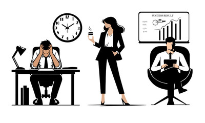 Gen Z Office Life Illustration &ndash; Stress, Coffee Break, and Success