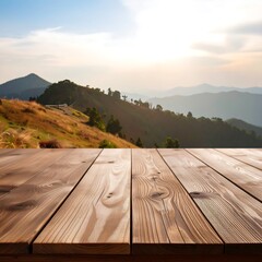 Wooden table top overlooking mountains