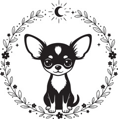 Chihuahua Puppy with Floral and Moon Ornament Vector Illustration