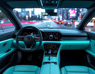 The interior of a modern car on an urban street at night. The image captures automotive design, technology, and the connected experience of city commuting.