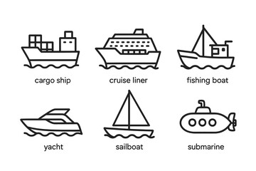 Simple line drawings of various types of watercraft