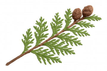 Thuja branch with two brown cones on transparent background, symbolising evergreen nature and winter holidays
