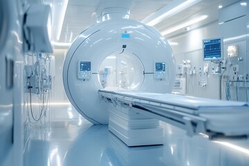 Modern medical imaging room with advanced MRI scanner and patient preparation area