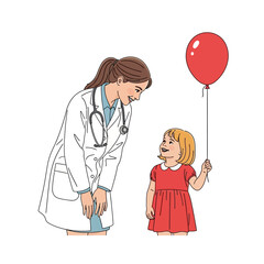 A caring doctor interacting with a young child holding a red balloon, creating a sense of comfort and happiness