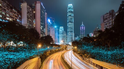 collective. A luminous highway of migratory birds and butterflies creating a bioluminescent river between skyscrapers. ESG reports.