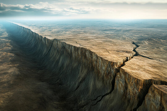 Cracked geological fault pattern in dry surface landscape with dramatic textures and lighting, generative ai