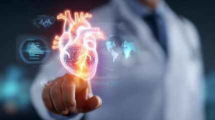 Doctor on blurred background using digital x-ray human heart interface on the screen