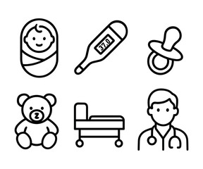 baby care outline icons ,newborn, thermometer, pacifier, teddy