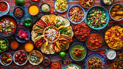 Fototapeta premium A vibrant and colorful overhead shot showcases a diverse array of mexican dishes, including tacos, salsas, and various toppings, creating a festive food spread