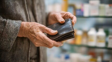 Closeup of an elderly persons hands holding a worn wallet, with a blurred background of a store