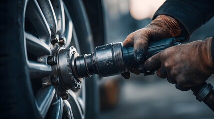 Mechanic changing a car tire with an impact wrench