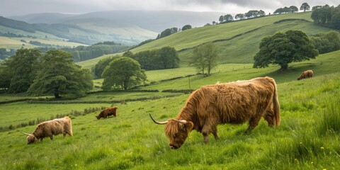 Scottish Highland cow breeds grazing on a green meadow.