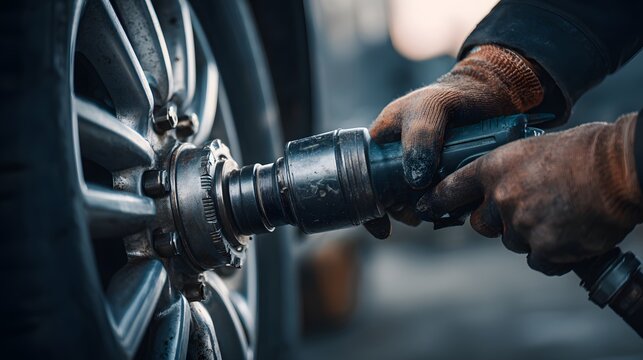 Mechanic changing a car tire with an impact wrench - Powered by Adobe