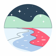 Stylized circular illustration depicting a serene night landscape with rolling hills under a starry sky, reflected in a winding river with colorful banks