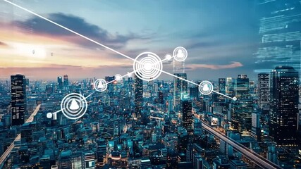 A high-angle digital composite, cityscape with networks, data overlays, and abstract white graphics - Powered by Adobe