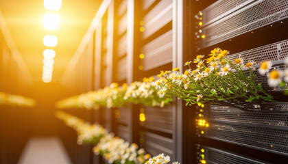 Fototapeta premium Server Garden Bloom Data Rack Flowering as Living Ecosystem for Digital Organic Integration Amidst Servergreen Leaves Cableblack Roots