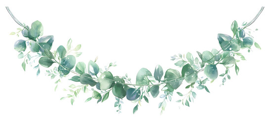 Eucalyptus branch watercolor illustration, botanical hand painted green leaves, elegant nature inspired foliage for decorative design, card or invitation

