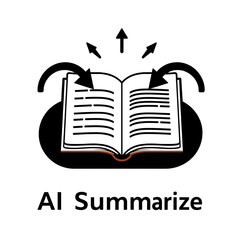 AI Summarizer Vector Icon. Open Book with Text and Arrows. Automated Text Summarization, Content Condensation, AI-Powered Writing Tools, Smart Writing Solutions.