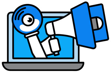 Digital marketing concept with a hand holding a megaphone and a cd coming out of a laptop screen, representing online advertising and promotion