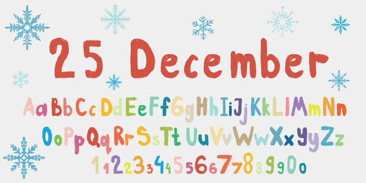Hand drawn colorful alphabet for Christmas, 25 December. Vector sketch illustration in vintage crayon charcoal style. Merry Christmas lesson for children. Hand written Childish round letters.