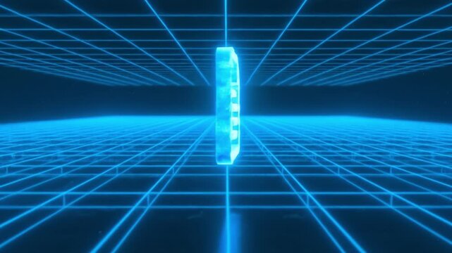 Glowing Holographic SIM Card and Digital Coin in Futuristic Grid Environment Symbolizing Communication, Technology, Innovation with Neon Blue Aesthetic and Cyberpunk Style