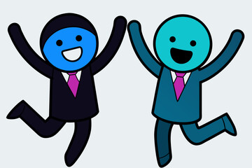 Two cartoon characters in suits jumping with joy and excitement, representing success and happiness in a business context