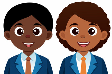 Two cartoon children, a boy and a girl, with dark skin and dark hair, wearing blue suits and orange ties, smiling and