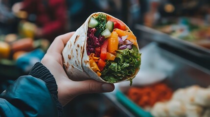 Closeup of a hand holding a colorful vegan wrap filled with fresh vegetables, a healthy and delicious meal option on the go