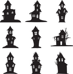 A collection of  Spooky old house  silhouette vector, black and white silhouette vector illustration