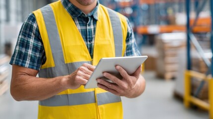 A worker in a safety vest operates a digital tablet in a warehouse setting, managing inventory or logistics.