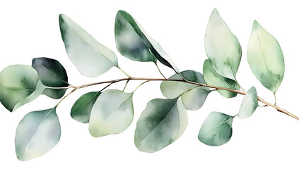 Eucalyptus branch watercolor illustration, botanical hand painted green leaves, elegant nature inspired foliage for decorative design, card or invitation