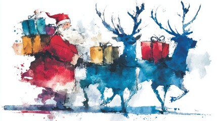 A Beautiful Watercolor Illustration of Cheerful Santa Claus with Colorful Splashing Reindeer Captured in Vivid Detail