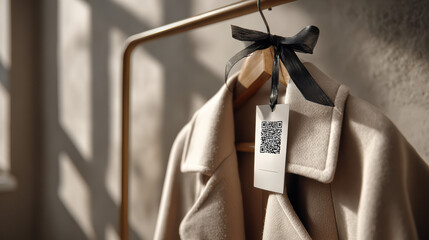 A stylish beige coat hangs on a wooden hanger with a QR code tag tied by a black ribbon. Sunlight highlights the coat’s soft texture, evoking elegance and modern fashion.