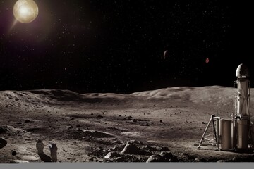 Naklejka premium Explorers discovering the lunar surface during a space mission at dawn