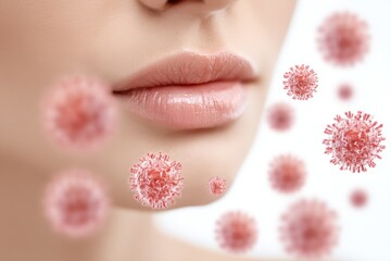 Virus particles near human lips, symbolizing infection, health threat and microbiology concept
