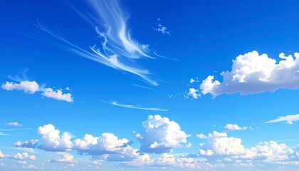 A bright azure sky with puffy white cumulus clouds. Wisps of cirrus clouds drift across, creating a dynamic and airy atmosphere