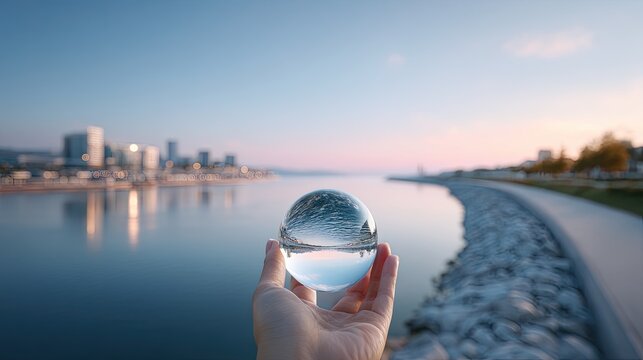Hand Holding Clear Glass Globe with Cityscape Reflection during Sunset Creates a Dreamy and Peaceful Atmosphere along Calm Waters near Urban Landscape