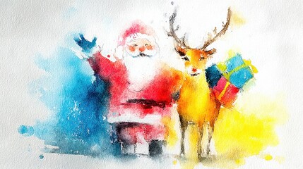 A Whimsical Watercolor Painting of Santa Claus Waving Next to a Cheerful Reindeer Holding a Gift Sack for Holidays