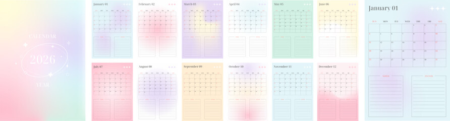 Gradient 2026 calendar template set of vertical pages 12 months. Week starts on Sunday