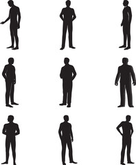 A collection of Man standing full body silhouette vector, black and white silhouette vector illustration